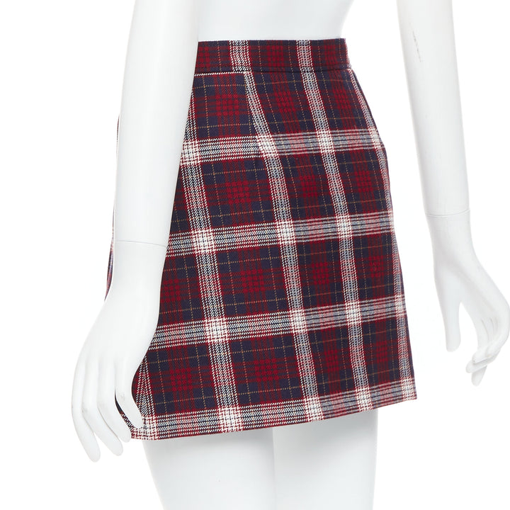 DIOR 2021 red navy virgin wool plaid silk lined A-line skirt FR34 XS