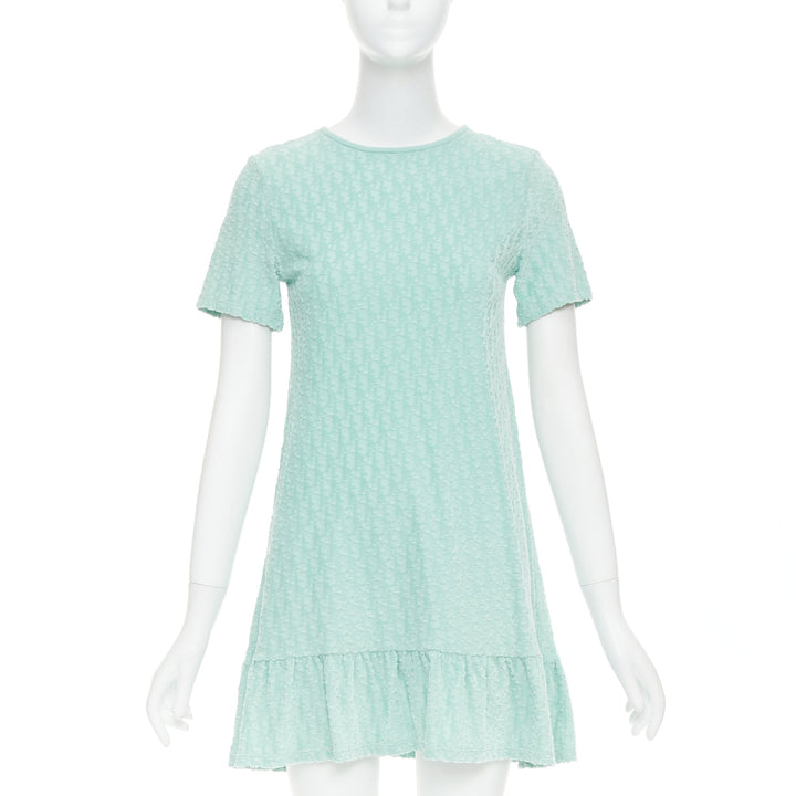 CHRISTIAN DIOR KIDS turquoise cotton velour monogram frill mini dress Yr12