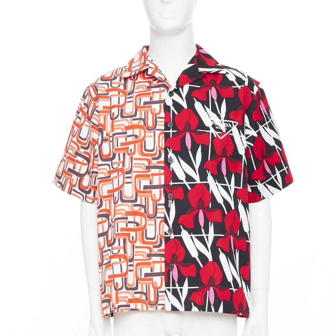 PRADA 2021 Runway Double Match geometric iris red floral split bowling shirt M