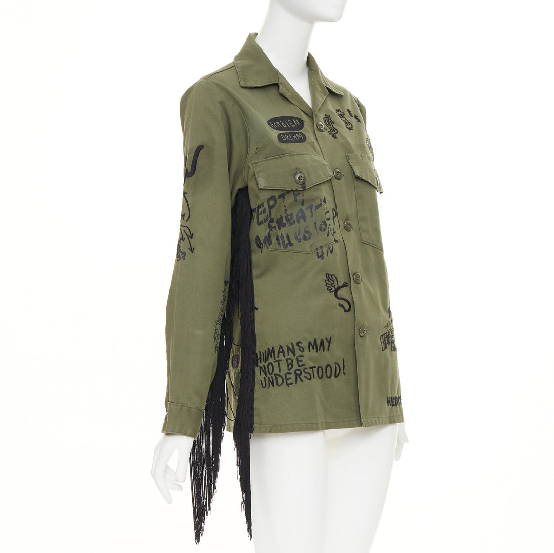 R13 2019 Repurposed Embroidered Surplus Fringe olive military shirt OS
