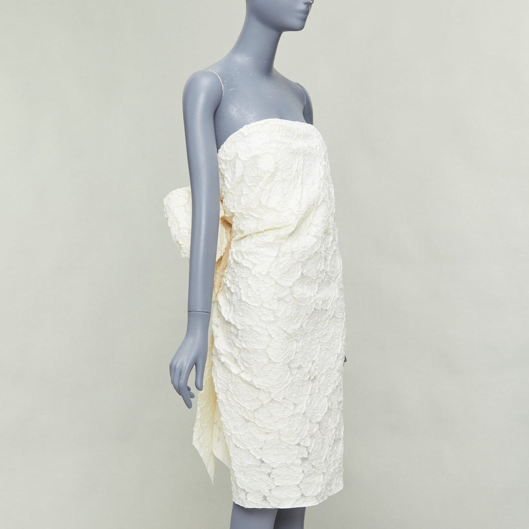 LANVIN Blanche Bridal off white cotton silk floral large bow strapless dress FR38 M