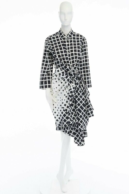 DRIES VAN NOTEN 2009 Runway black white checked wrap bustle knot dress FR36 S