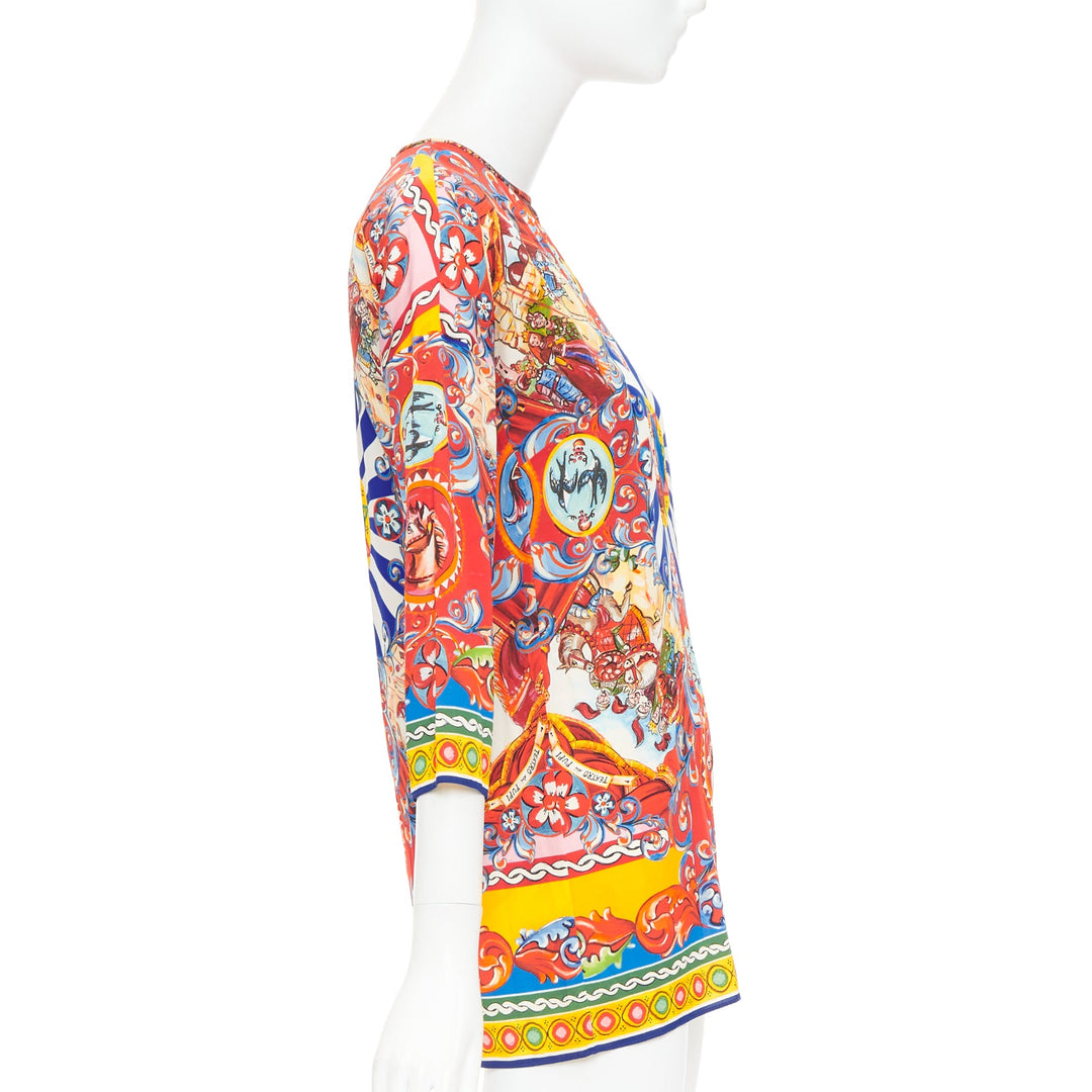 DOLCE GABBANA Sicilian Teatro Carretto red multicolor silk print tunic top IT38