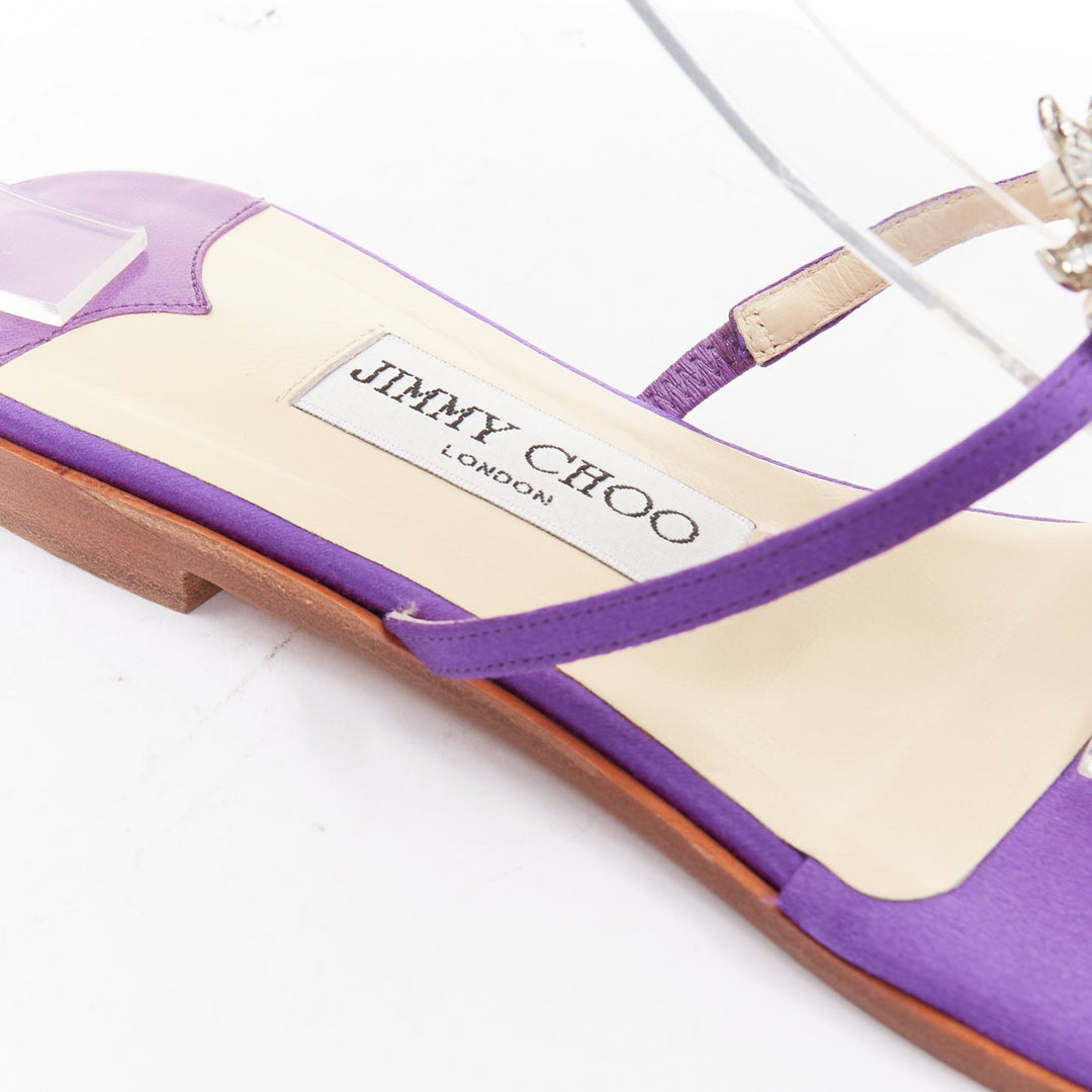 JIMMY CHOO Cache purple satin clear flower crystal evening slipper mules EU38
