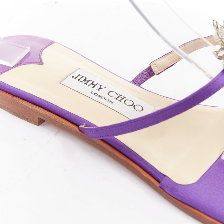 JIMMY CHOO Cache purple satin clear flower crystal evening slipper mules EU38
