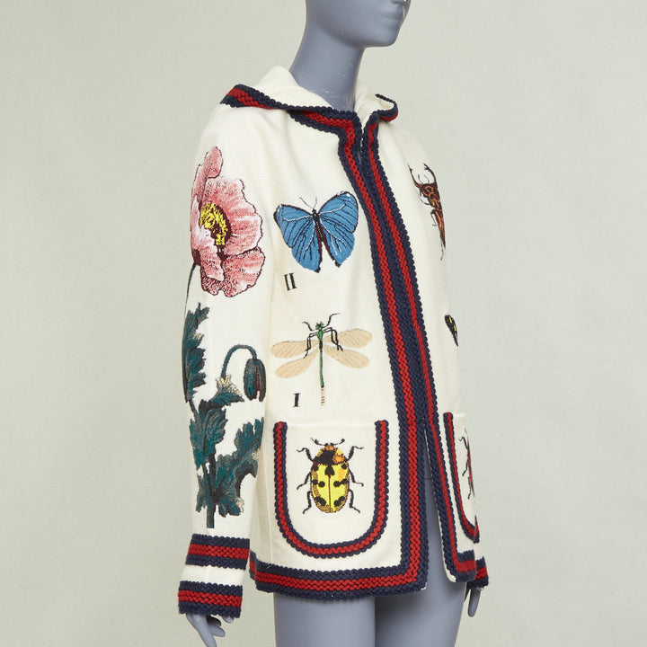 GUCCI Garden 2017 Runway white wool floral insect floral hood cardigan coat XXS