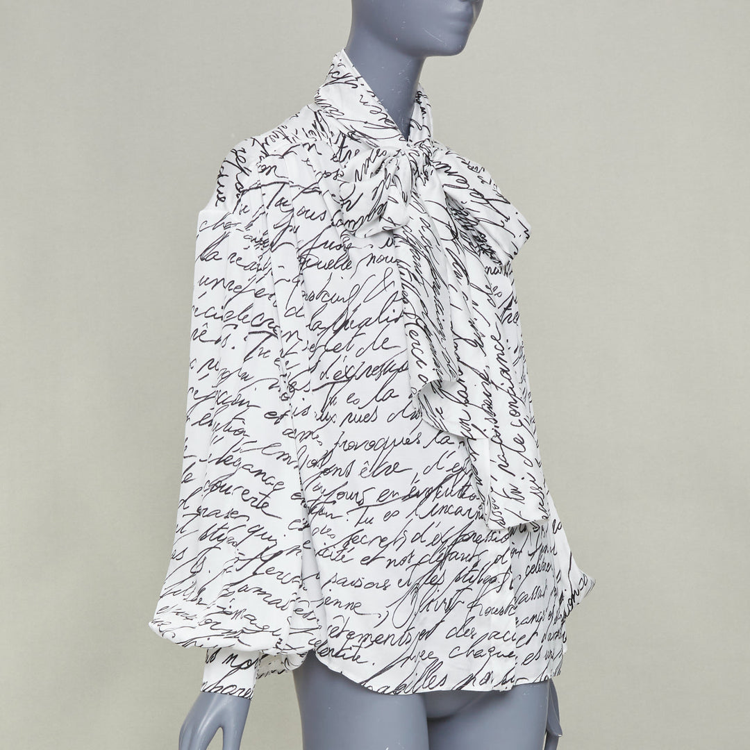 BALMAIN 2025 Love Letter Print pussybow tie neck white black blouse FR34 XS