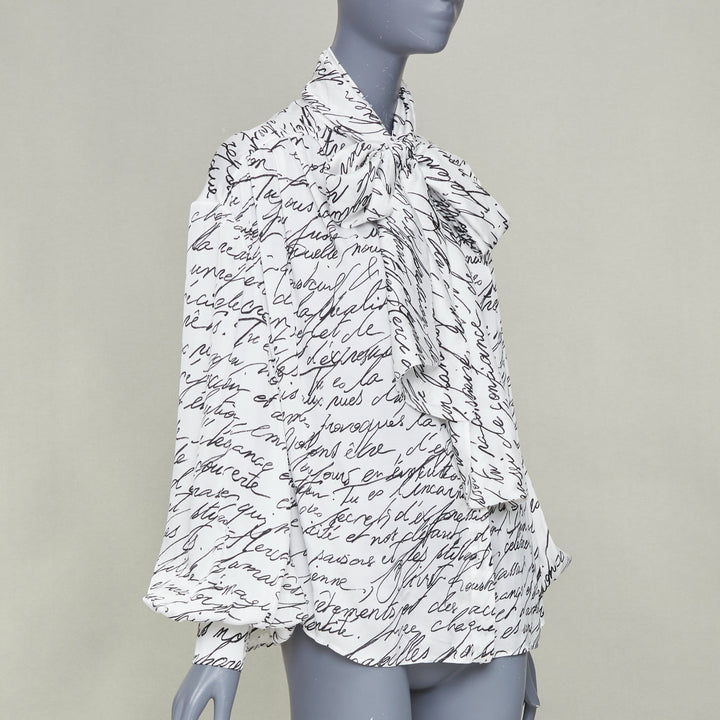 BALMAIN 2025 Love Letter Print pussybow tie neck white black blouse FR34 XS