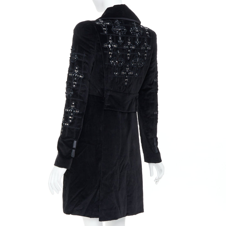 VERSACE 2012 runway black velvet gothic Byzantine cross flared zip coat IT38 XS