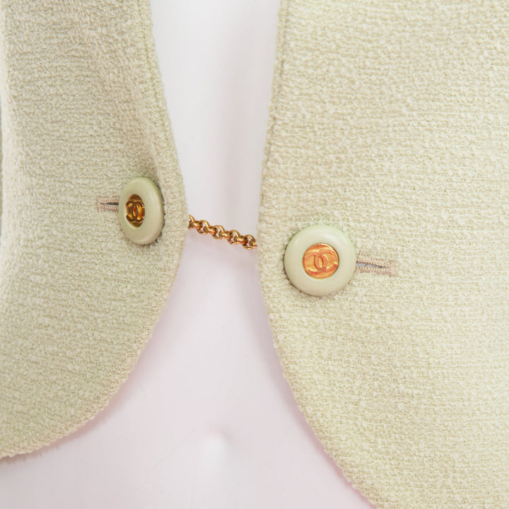 CHANEL 94P Vintage mint green boucle wool chain buttons cropped jacket FR42 XL