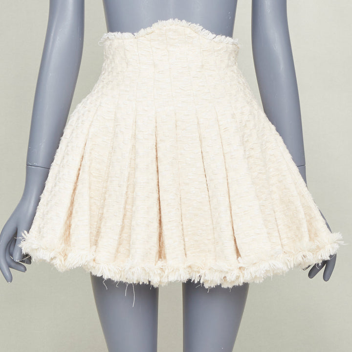 BALMAIN cream frayed pleated cotton tweed curved waist skater skirt FR34 XXS