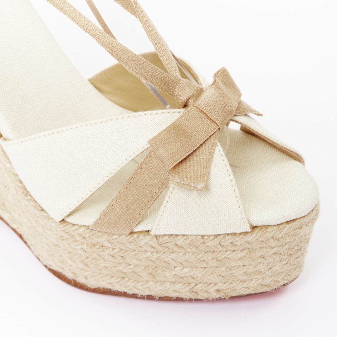 CHRISTIAN LOUBOUTIN Isabelle cream beige canvas jute bow tie wedges EU36