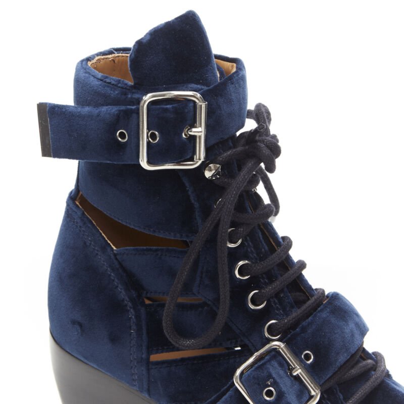 CHLOE Rylee blue velvet buckle strap lace up cut out ankle boots EU37