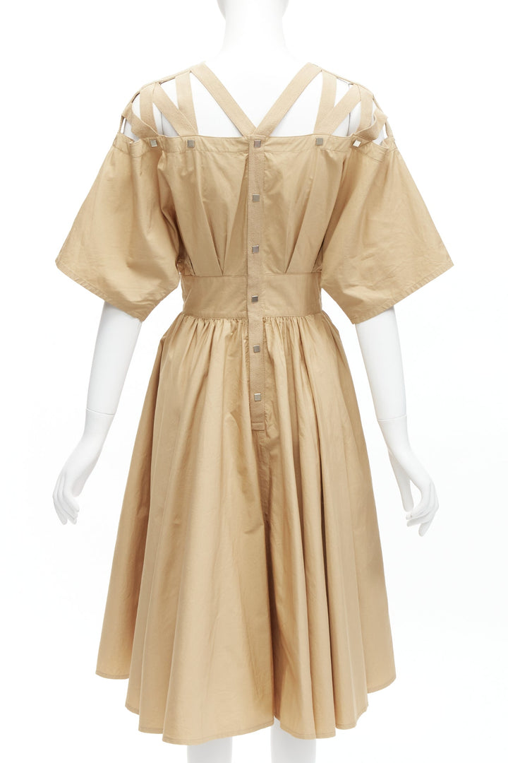 THIERRY MUGLER Vintage khaki cotton strappy shoulder square studs dress IT9A3 S