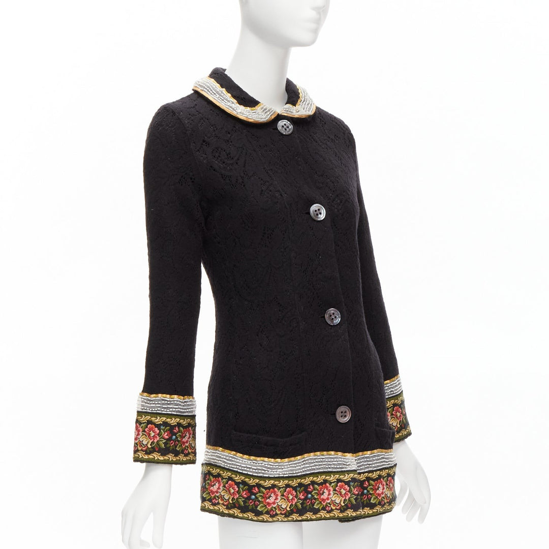 VOYAGE INVEST IN THE ORIGINAL LONDON red green beaded floral black wool coat L
