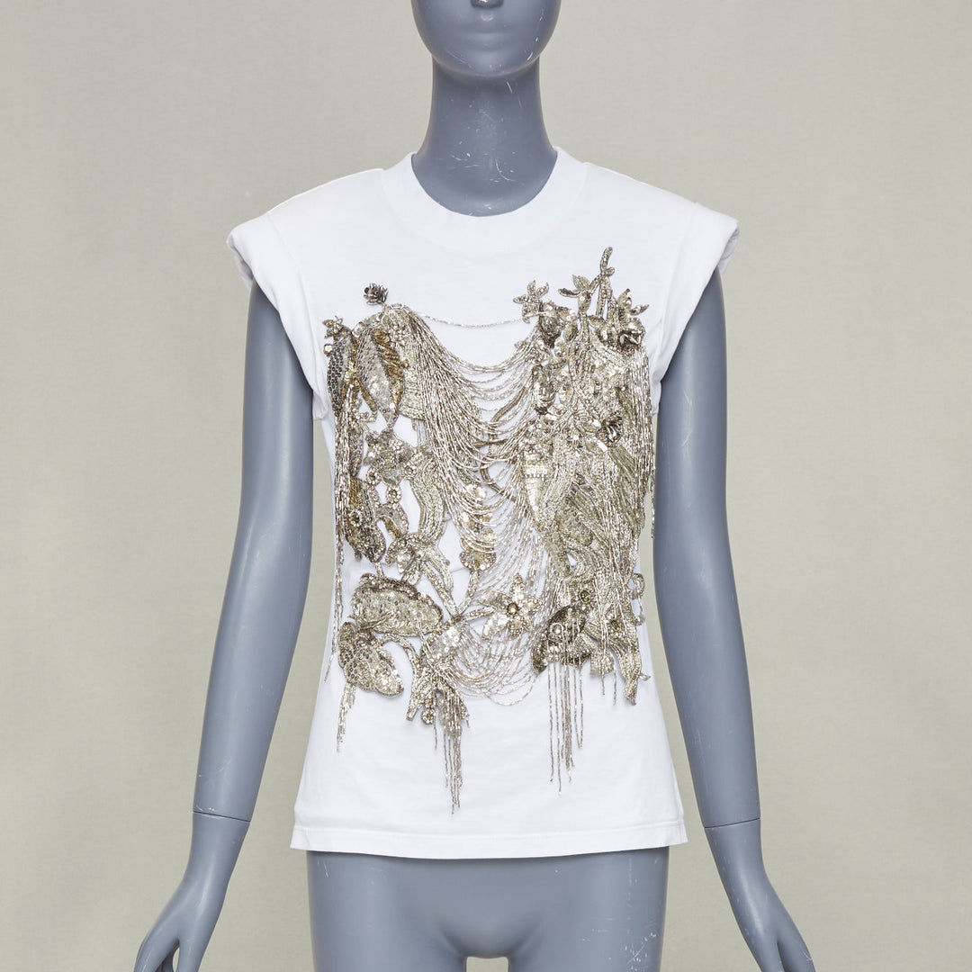 ALEXANDER MCQUEEN 2021 white gold sequin layered chain embroidered top IT38 XS