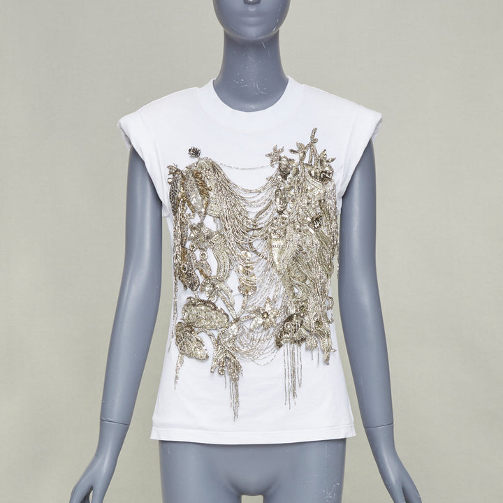 ALEXANDER MCQUEEN 2021 white gold sequin layered chain embroidered top IT38 XS