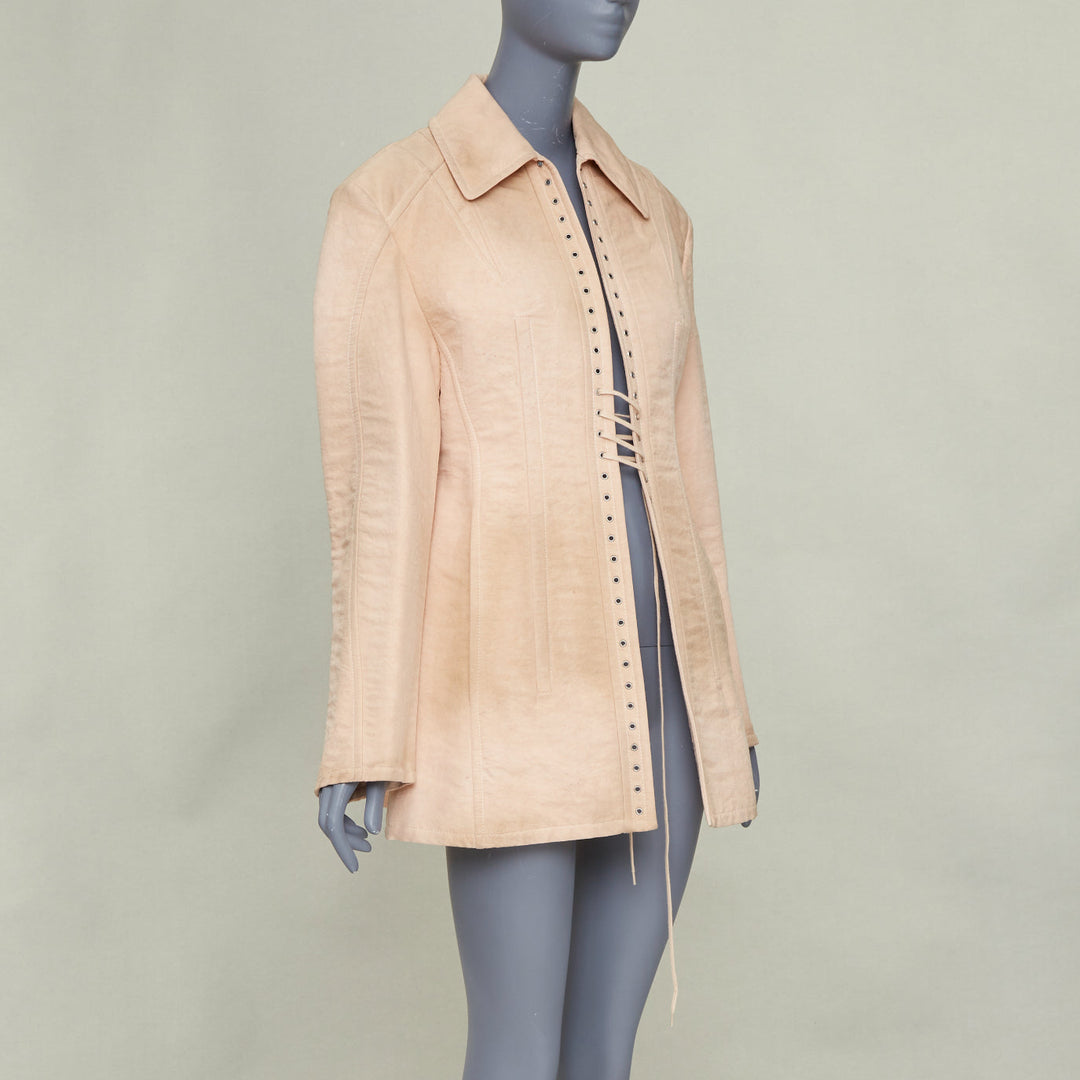 PRADA 2022 Runway Opal Slub pink wash canvas lace up corset jacket IT36 XXS
