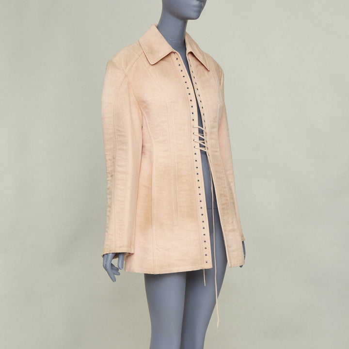 PRADA 2022 Runway Opal Slub pink wash canvas lace up corset jacket IT36 XXS