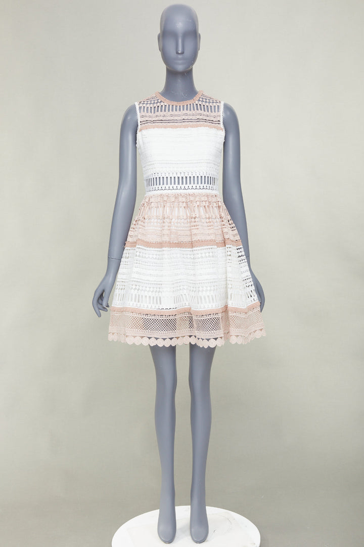 ALEXIS Melania Embroidered Lace Cutout Fit Flare Dress white nude dress S