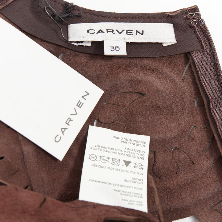 rare CARVEN Cassis brown laser cut lambskin leather floral top FR36