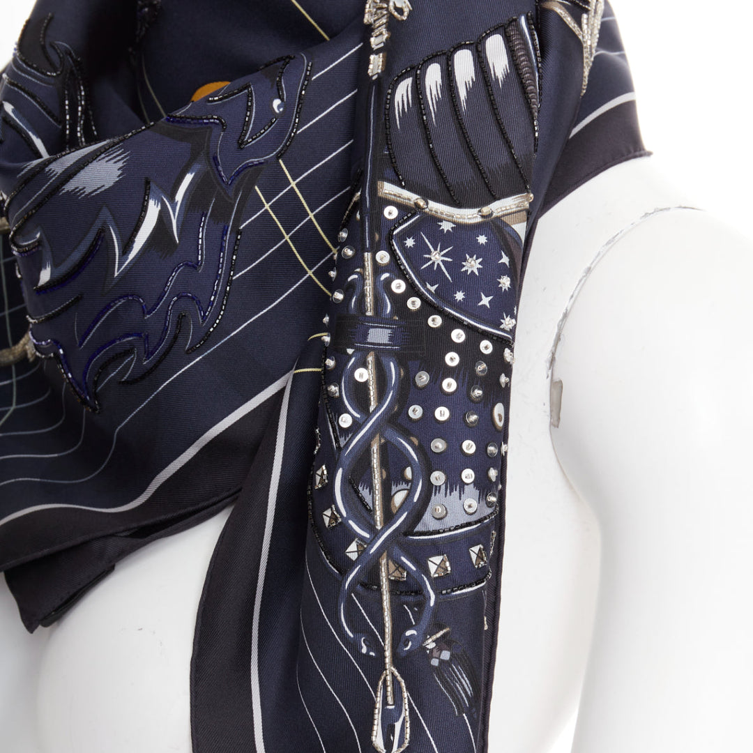 HERMES 2025 Tous en Selle embroidered scarf 90cm 100% silk applique beaded scarf
