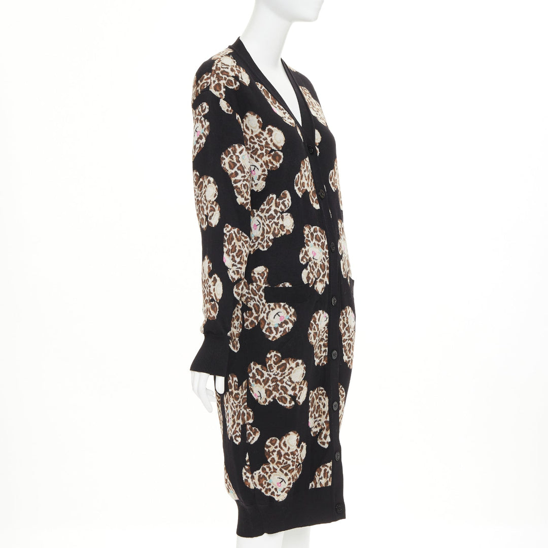 MOSCHINO Leopard Teddy black brown virgin wool knit long cardigan IT38 XS
