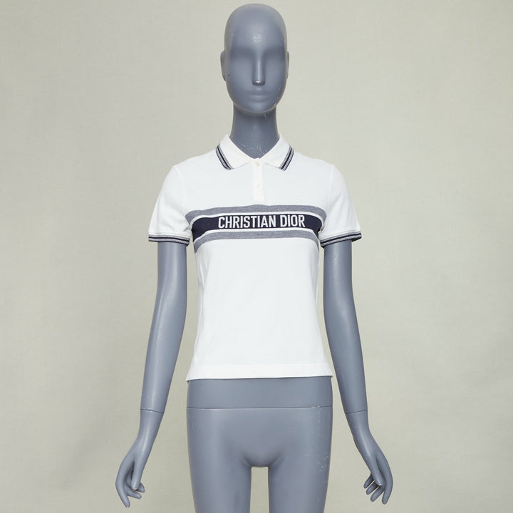 DIOR Dioriviera Signature Band white cotton navy striped intarsia polo shirt XS