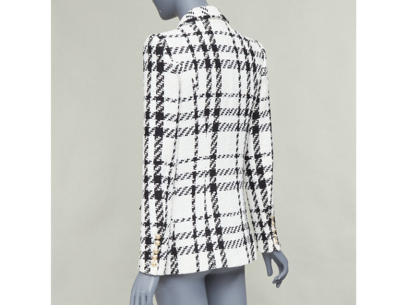 BALMAIN checked black white cotton tweed double breasted blazer jacket FR36 S