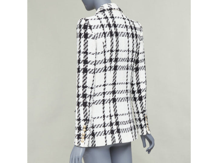 BALMAIN checked black white cotton tweed double breasted blazer jacket FR36 S
