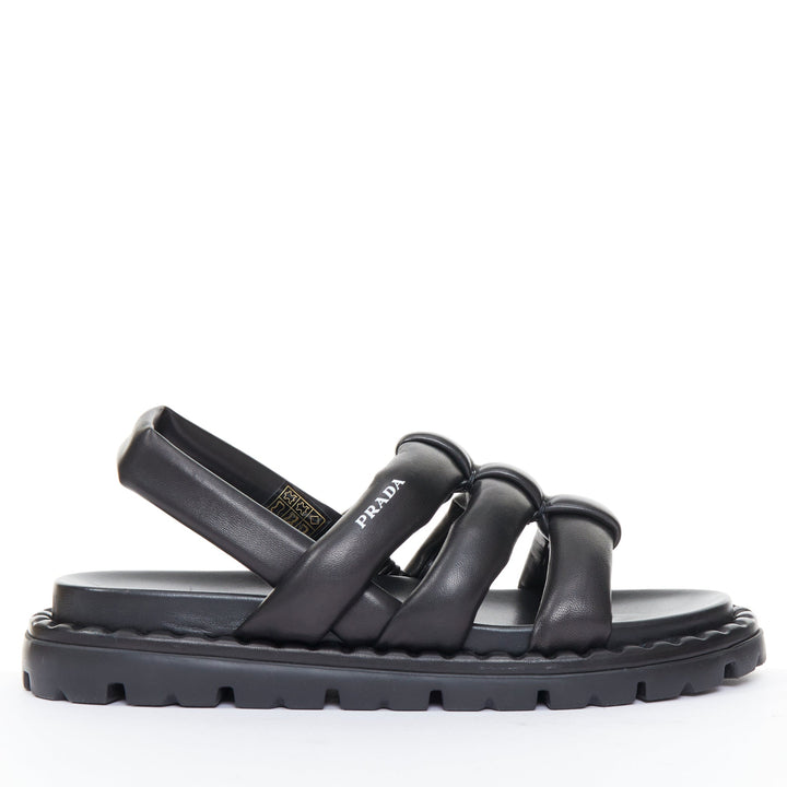 PRADA Blow black padded nappa leather strappy lug sole slingback sandals EU38.5