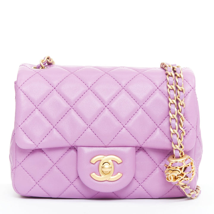 CHANEL Pearl Crush Mini Square Flap purple lambskin age gold globe crossbody bag