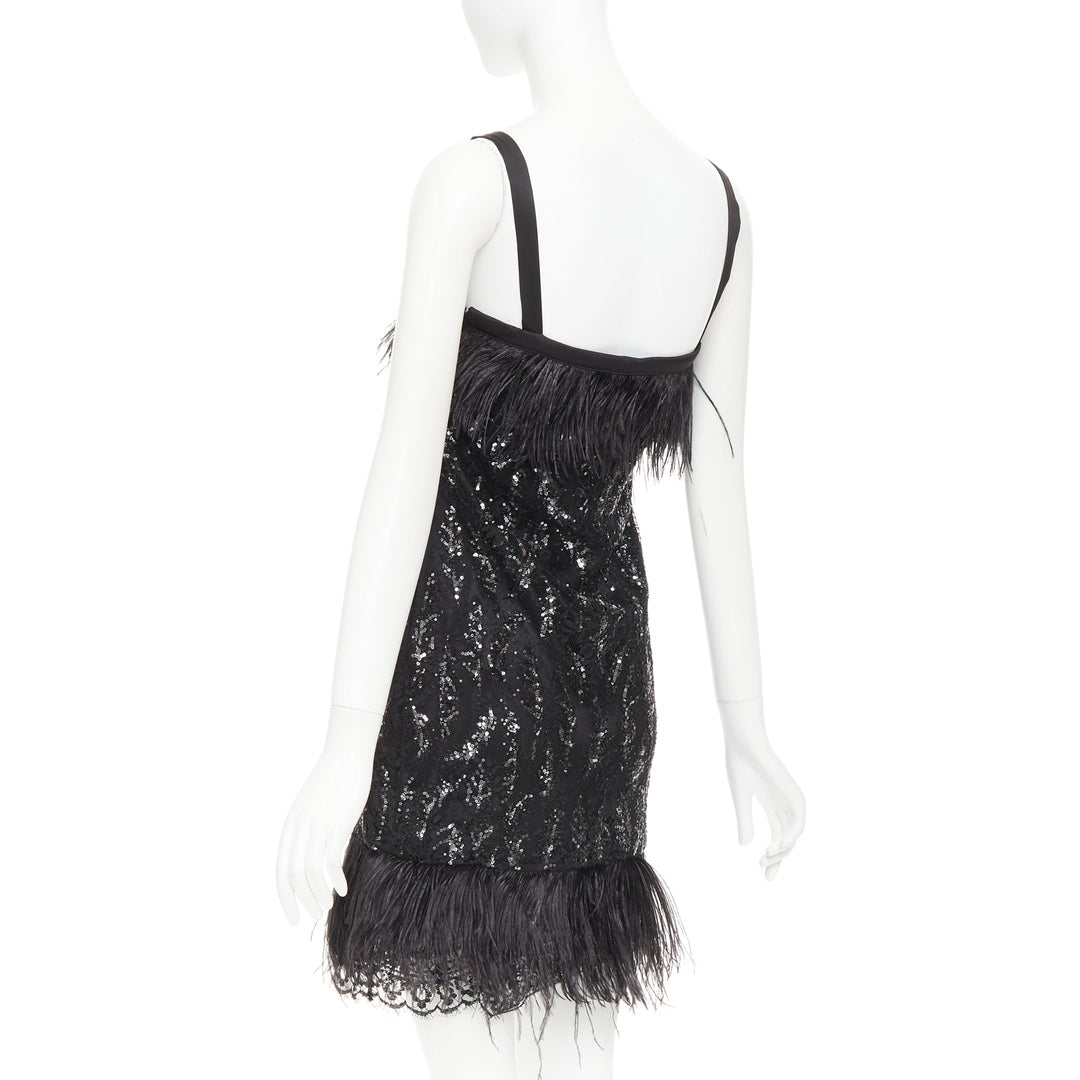 rare PRADA 2014 black sequinned lace ostrich feather strappy mini dress IT38 XS