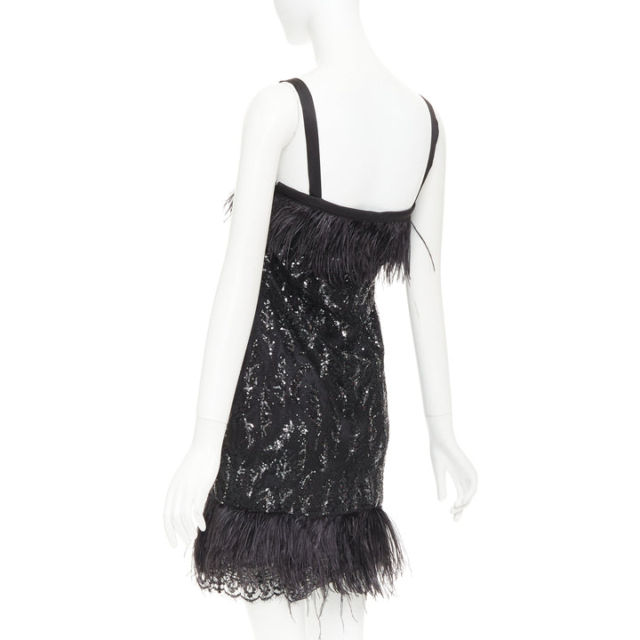 rare PRADA 2014 black sequinned lace ostrich feather strappy mini dress IT38 XS