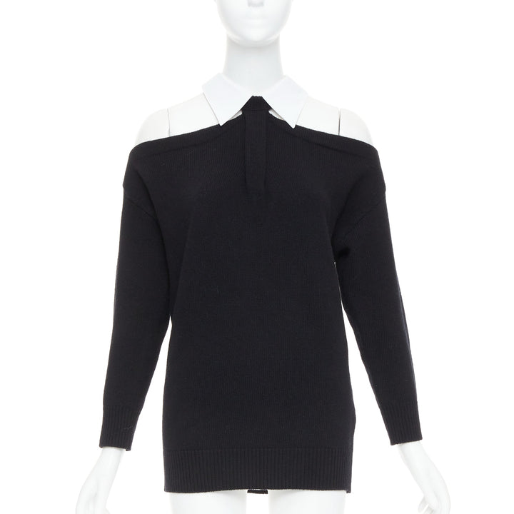 VALENTINO 2023 black 100% virgin wool collar cold shoulder sweater XS