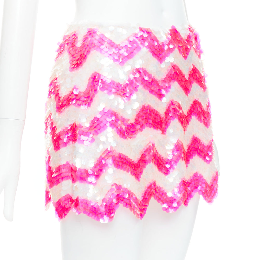 ASHISH white neon hot pink chevron paillettes sequin mini skirt XS