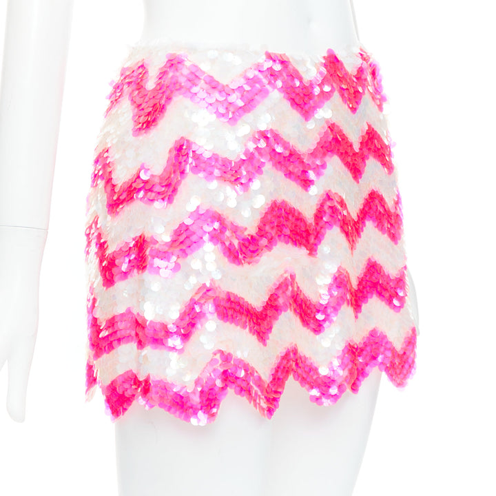 ASHISH white neon hot pink chevron paillettes sequin mini skirt XS