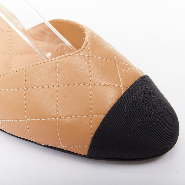 CHANEL nude lambskin stitching grosgrain CC toe cap ankle strap flats EU38.5