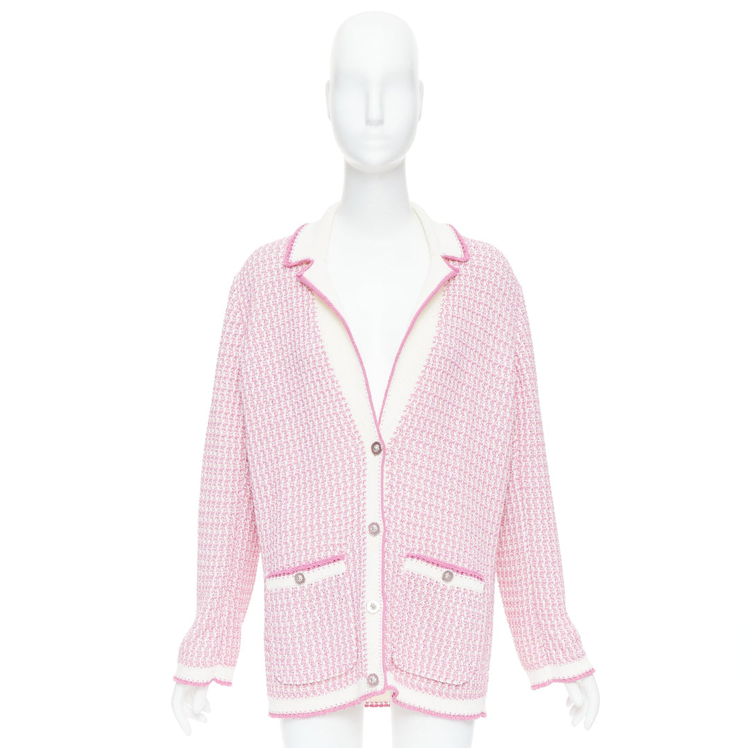 CHANEL 2022 pink white tweed metallic buttons long knit cardigan FR42 XL