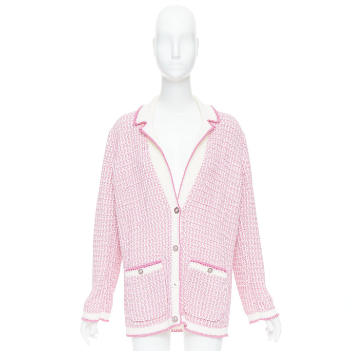 CHANEL 2022 pink white tweed metallic buttons long knit cardigan FR42 XL