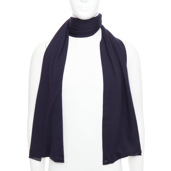 HERMES navy grey cashmere silk reversible H anagram long jersey scarf