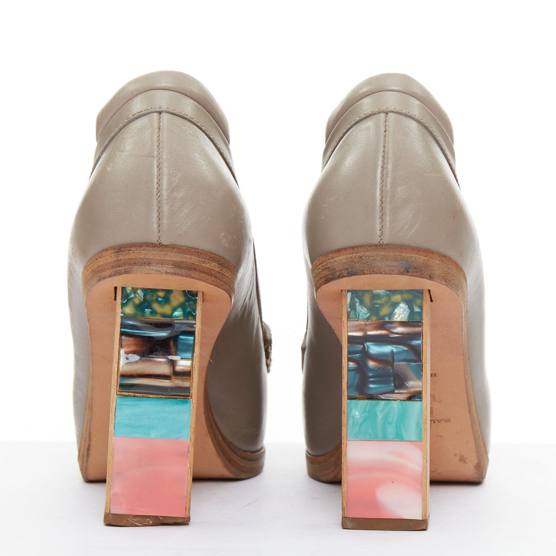 rare BALENCIAGA Vintage grey leather colourful wooden block heel loafer EU37