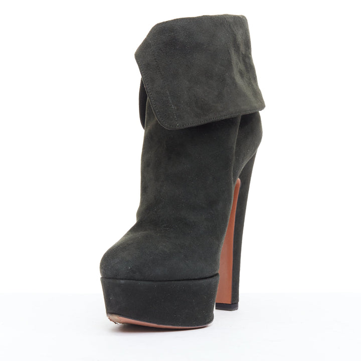 ALAIA dark green suede foldover lace up side cone heel booties EU38