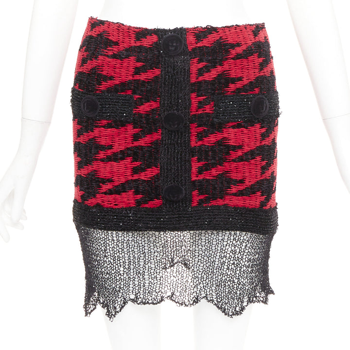 BALMAIN red black viscose blend tweed sequin trim velvet buttons skirt FR34 XS