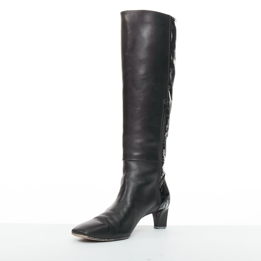 ROGER VIVIER Belle black patent leather split buckle pointy kitten boots EU38