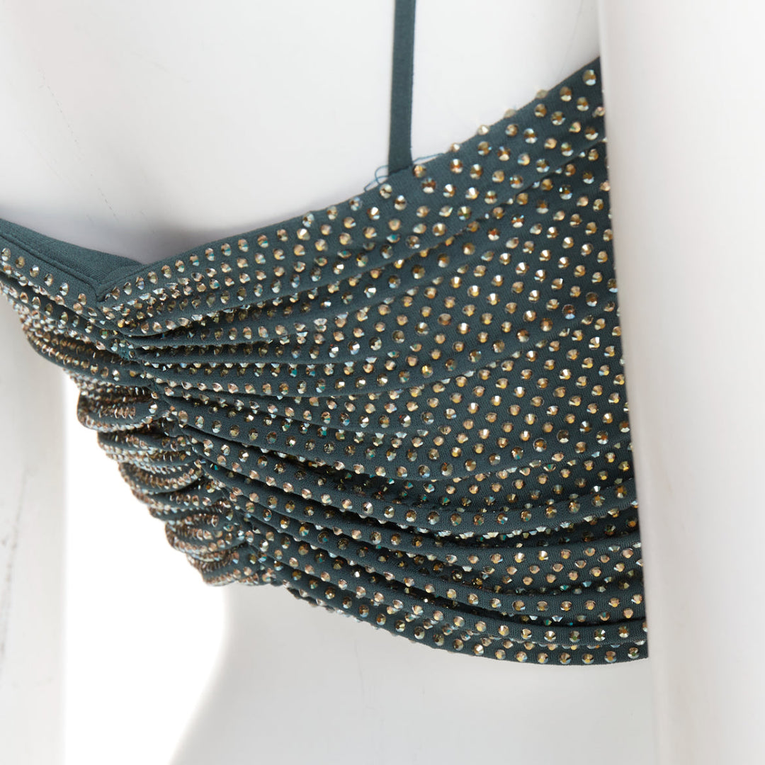 ALEXANDRE VAUTHIER Sage green strass crystal encrusted twist cropped top