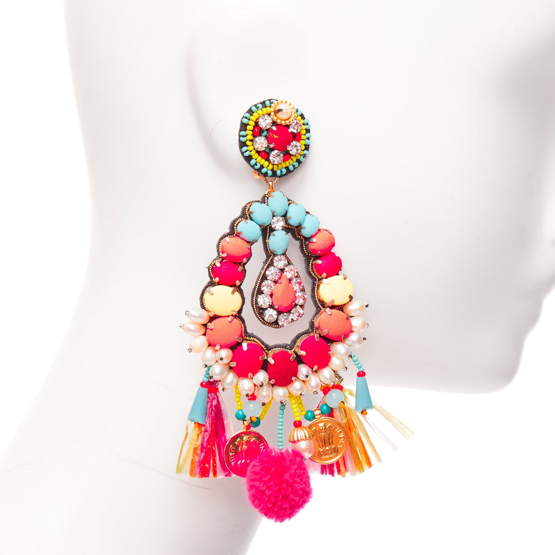 RANJANA KHAN neon orange crystal beads multi dangling clip on earrings