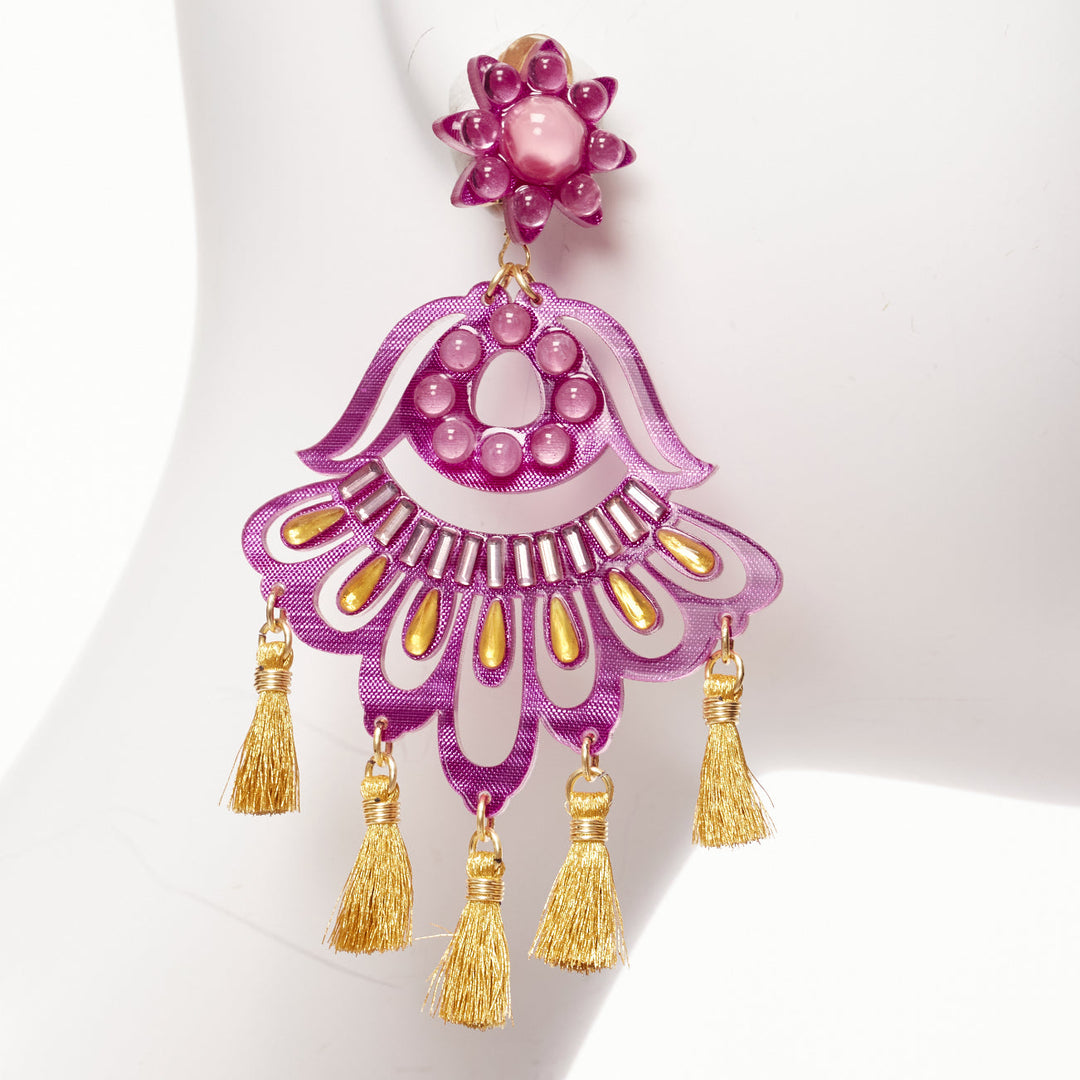 MERCEDES SALAZAR magenta pink acrylic beads gold tassel clip on earrings