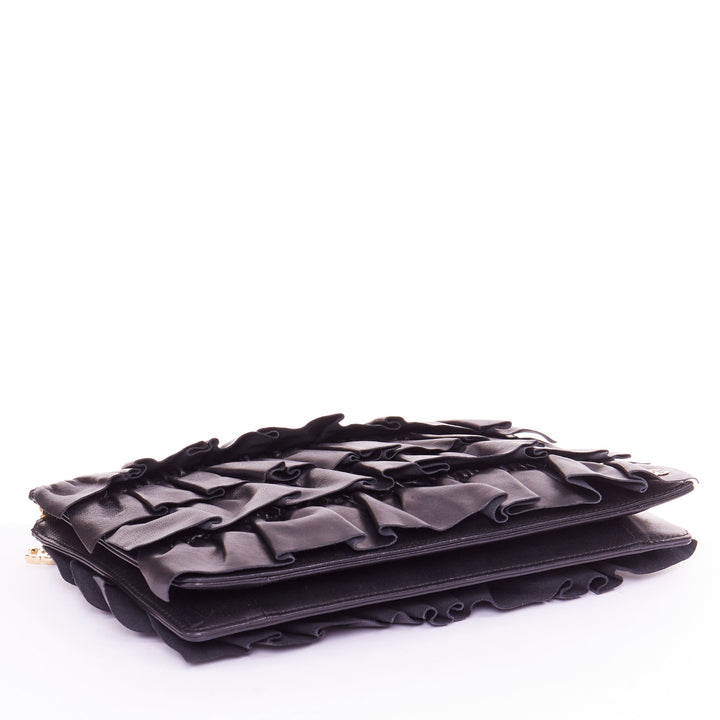 CHANEL 2002 tiered ruffle black lambskin leather gold crossbody zip evening bag