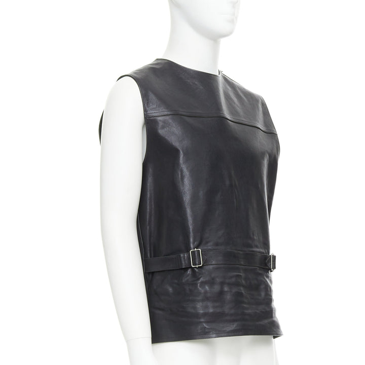 rare PRADA 2023 Runway Raf Simons Vitello black leather buckle vest IT48 M